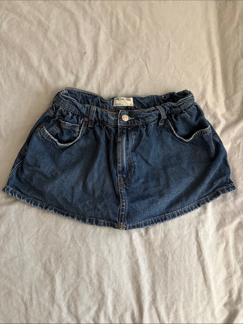 We The Free Dark Blue Denim Ruffled Waist Mini Skirt